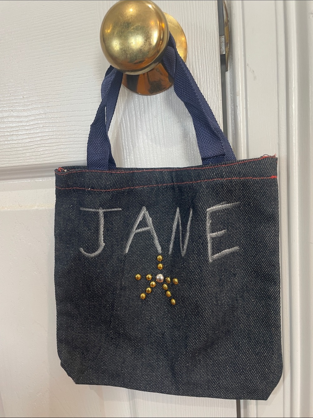 Personalized Jane custom made Navy Denim Jean Tote Bag Gold Studded Star girls